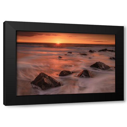 USA-New Jersey-Cape May National Seashore-Sunrise on rocky shore and ocean Black Modern Wood Framed Art Print by Jaynes Gallery