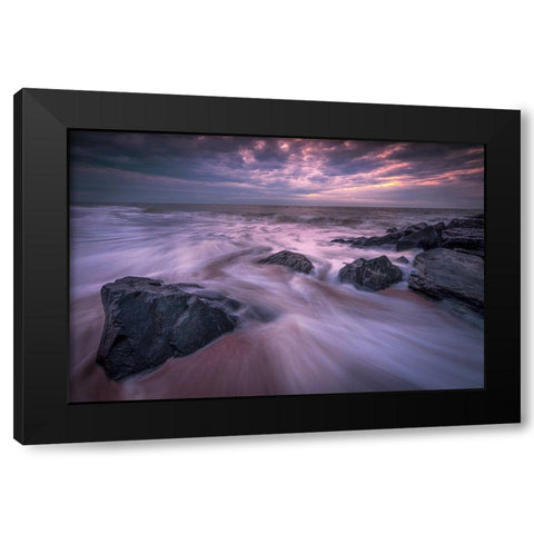 USA-New Jersey-Cape May National Seashore-Sunrise on rocky shore and ocean Black Modern Wood Framed Art Print by Jaynes Gallery