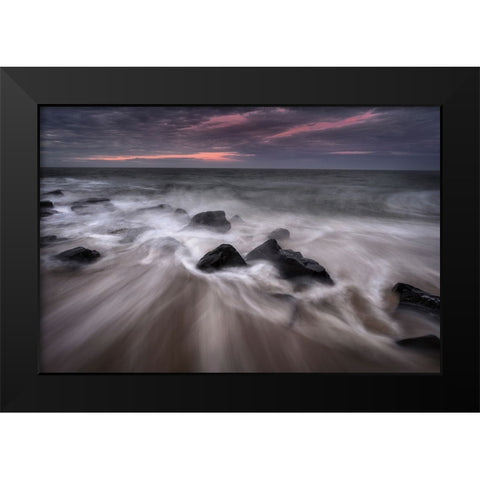 USA-New Jersey-Cape May National Seashore-Sunrise on rocky shore and ocean Black Modern Wood Framed Art Print by Jaynes Gallery