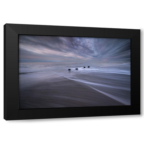 USA-New Jersey-Cape May National Seashore Pier stumps on shore at sunrise Black Modern Wood Framed Art Print by Jaynes Gallery