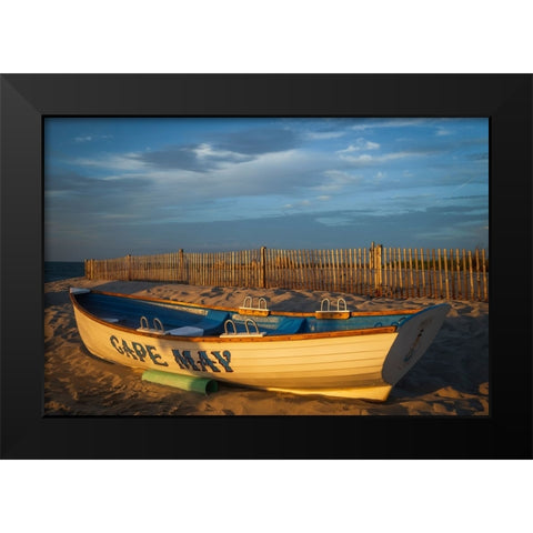 USA-New Jersey-Cape May National Seashore Rowboat on beach sand at sunrise Black Modern Wood Framed Art Print by Jaynes Gallery