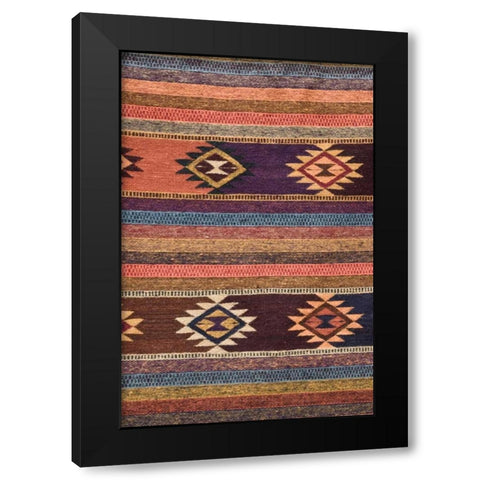 New Mexico, Madrid Detail in colorful woven rug Black Modern Wood Framed Art Print by Ross, Nancy ,  Steve