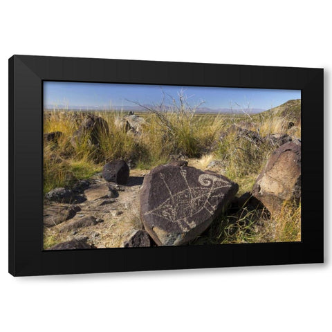 New Mexico, Three Rivers, Petroglyph on rock Black Modern Wood Framed Art Print by Paulson, Don