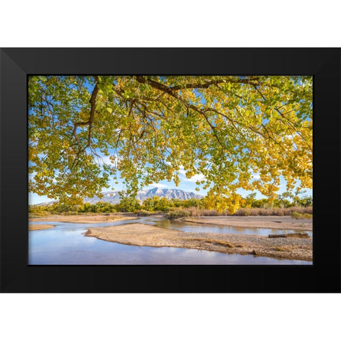 USA- New Mexico- Sandoval County. Sandia Mountains and Rio Grande River in autumn. Black Modern Wood Framed Art Print by Jaynes Gallery