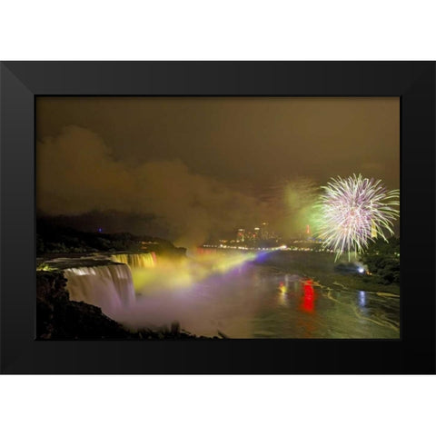 NY, Niagara Falls Fireworks over the waterfalls Black Modern Wood Framed Art Print by Lord, Fred