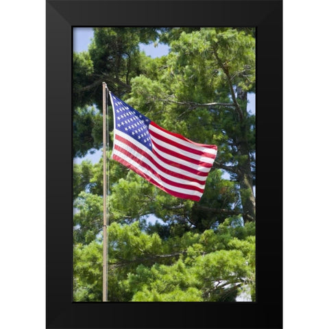 NY, St Lawrence River American flag on flagpole Black Modern Wood Framed Art Print by Lord, Fred
