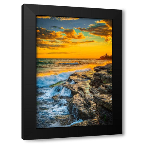 USA-New York-Lake Ontario Sunset waves on rocky shoreline Black Modern Wood Framed Art Print with Double Matting by Jaynes Gallery