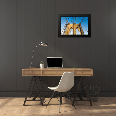 Manhattan-New York-USA Cables and tower on the Brooklyn Bridge Black Modern Wood Framed Art Print by Wilson, Emily M.