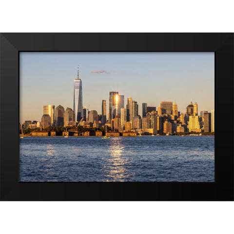 USA-New York View of New York City skyline at sunset from Port Liberte in Jersey City-New Jersey Black Modern Wood Framed Art Print by Looney, Hollice