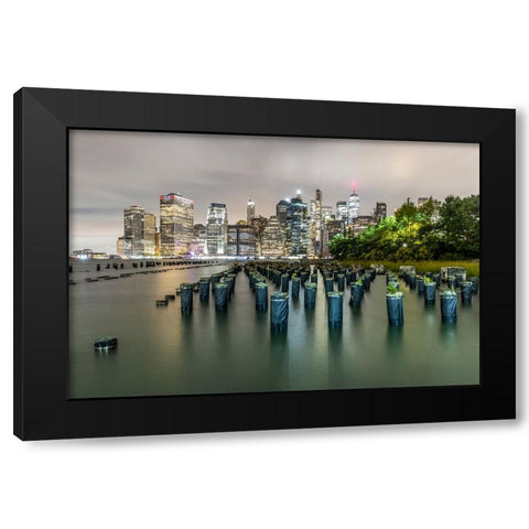 USA-New York Downtown view from Pier 1-wooden pilings in front of river in Brooklyn Heights Black Modern Wood Framed Art Print by Looney, Hollice