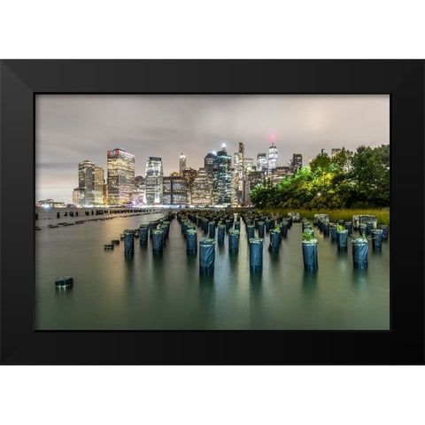 USA-New York Downtown view from Pier 1-wooden pilings in front of river in Brooklyn Heights Black Modern Wood Framed Art Print by Looney, Hollice