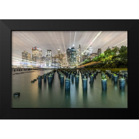 USA-New York Downtown view from Pier 1-wooden pilings in front of river in Brooklyn Heights Black Modern Wood Framed Art Print by Looney, Hollice