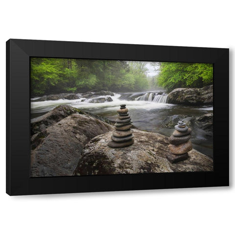 Cascading mountain stream and rock cairns-Great Smoky Mountains National Park Black Modern Wood Framed Art Print by Jones, Adam
