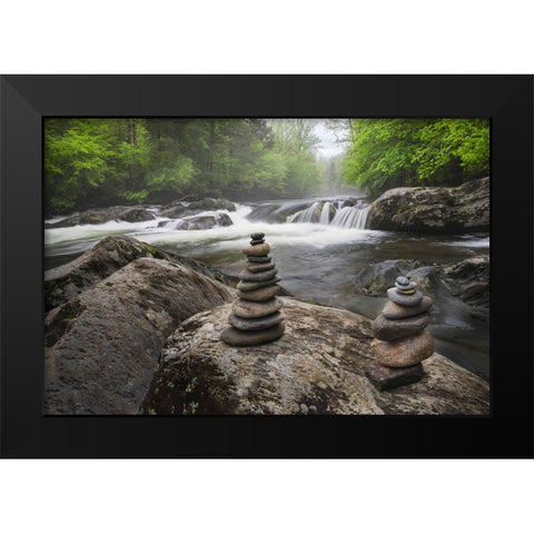 Cascading mountain stream and rock cairns-Great Smoky Mountains National Park Black Modern Wood Framed Art Print by Jones, Adam