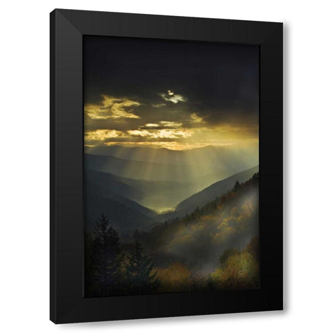 NC, Great Smoky Mts God Rays over mountains Black Modern Wood Framed Art Print by Rotenberg, Nancy