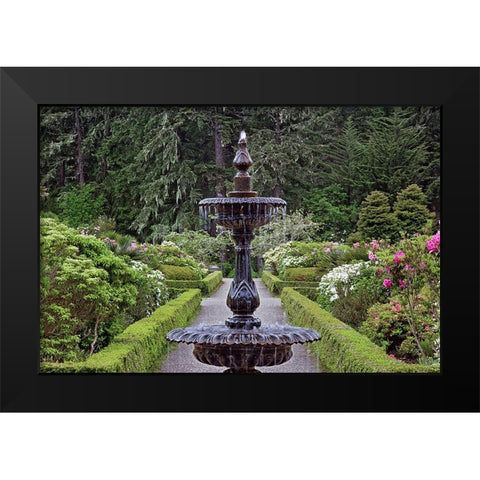 Fountain and in rhododendron garden-Shore Acres State Park-Coos Bay-Oregon Black Modern Wood Framed Art Print by Jones, Adam