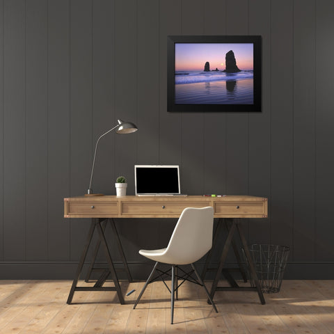 OR, Cannon Beach, Moonset between The Needles Black Modern Wood Framed Art Print by Terrill, Steve