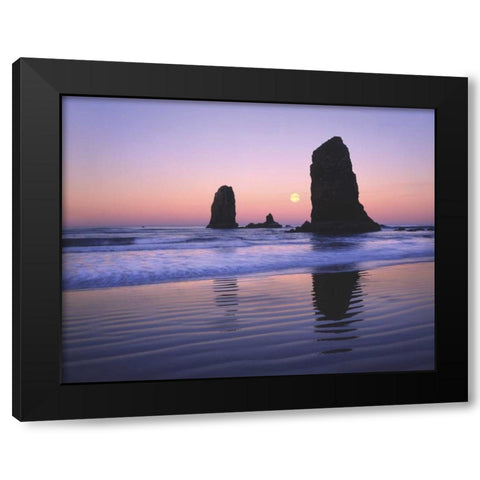 OR, Cannon Beach, Moonset between The Needles Black Modern Wood Framed Art Print with Double Matting by Terrill, Steve