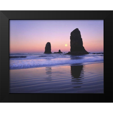 OR, Cannon Beach, Moonset between The Needles Black Modern Wood Framed Art Print by Terrill, Steve