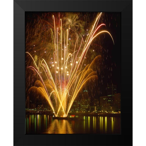 OR, Portland, Independence Day fireworks Black Modern Wood Framed Art Print by Terrill, Steve