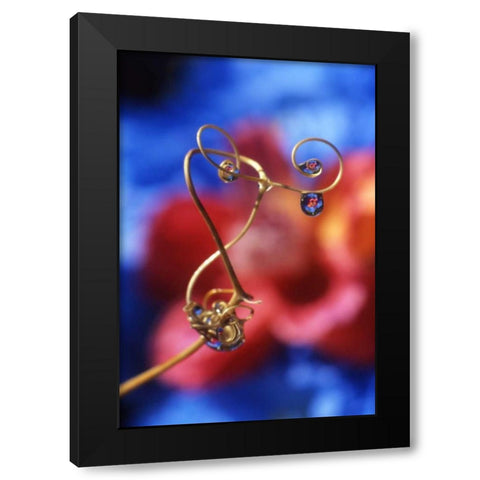 OR, Dewdrops on sweet pea tendril reflect flowers Black Modern Wood Framed Art Print by Terrill, Steve