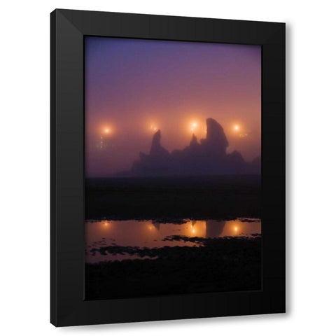 OR, Brandon City lights silhouette sea stacks Black Modern Wood Framed Art Print by Rotenberg, Nancy