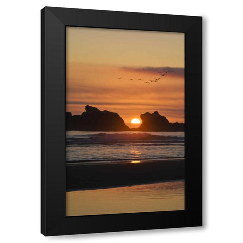 Oregon Birds fly over sunset between sea stacks Black Modern Wood Framed Art Print with Double Matting by Rotenberg, Nancy
