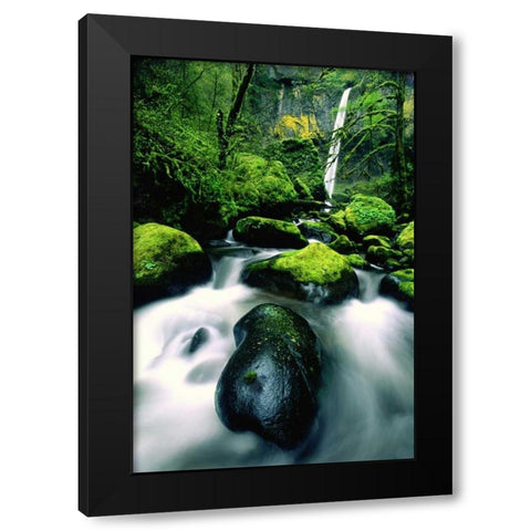 OR, Columbia Gorge Elowah Falls and boulders Black Modern Wood Framed Art Print by Welling, Dave