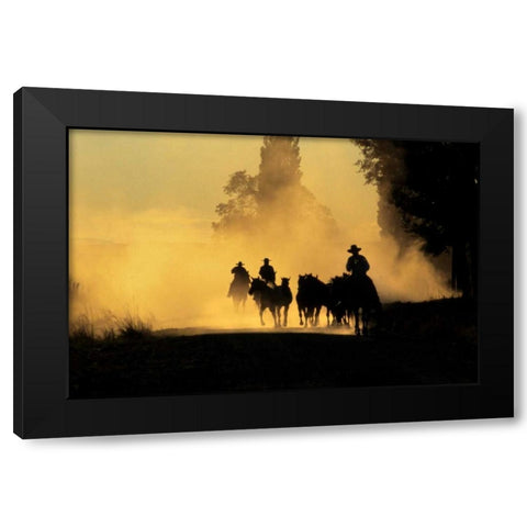 OR, Burns Cowboys driving wild horses on a road Black Modern Wood Framed Art Print with Double Matting by Terrill, Steve