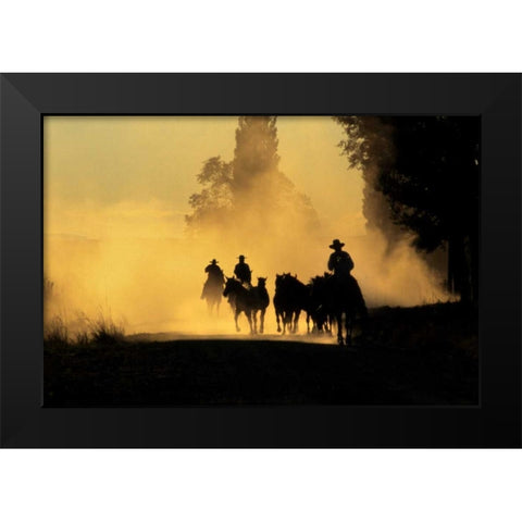 OR, Burns Cowboys driving wild horses on a road Black Modern Wood Framed Art Print by Terrill, Steve