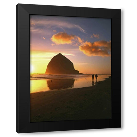 OR, Cannon Beach Couple by Haystack Rock, sunset Black Modern Wood Framed Art Print by Terrill, Steve