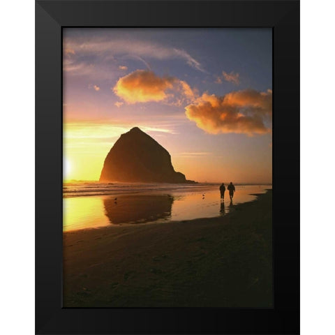 OR, Cannon Beach Couple by Haystack Rock, sunset Black Modern Wood Framed Art Print by Terrill, Steve