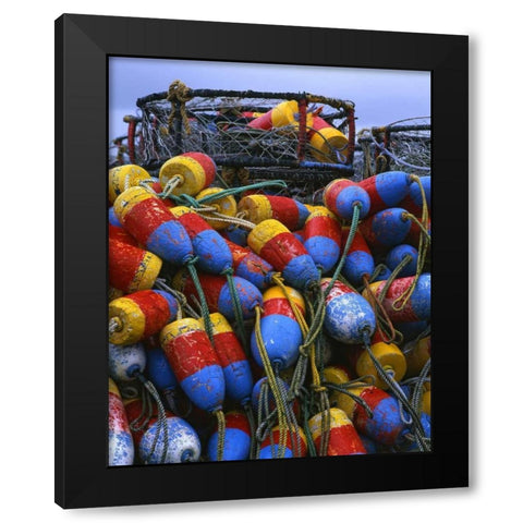 Oregon, Newport Crab rings and floats on dock Black Modern Wood Framed Art Print by Terrill, Steve