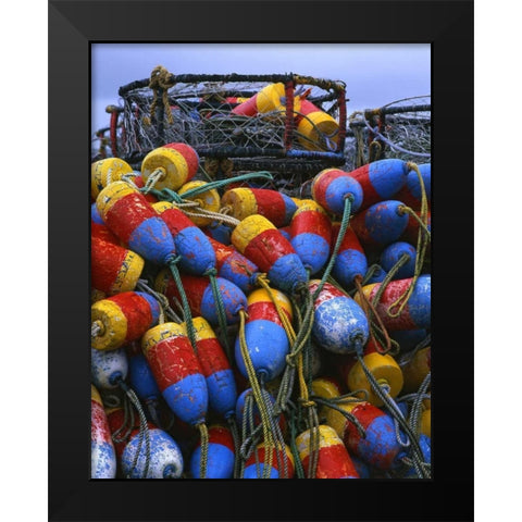 Oregon, Newport Crab rings and floats on dock Black Modern Wood Framed Art Print by Terrill, Steve