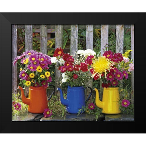 OR, Portland Antique coffeepots with flowers Black Modern Wood Framed Art Print by Terrill, Steve