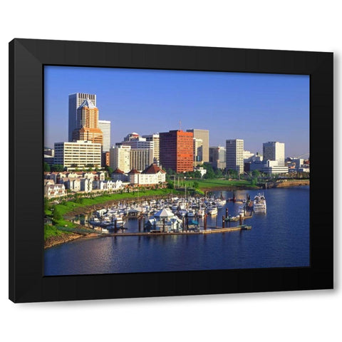 OR, Portland Downtown skyline and Marina Black Modern Wood Framed Art Print by Terrill, Steve
