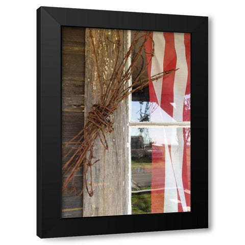 OR, Shaniko Flag in window next to barbed wire Black Modern Wood Framed Art Print with Double Matting by Ross, Nancy ,  Steve