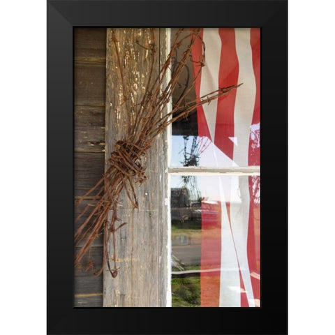 OR, Shaniko Flag in window next to barbed wire Black Modern Wood Framed Art Print by Ross, Nancy ,  Steve