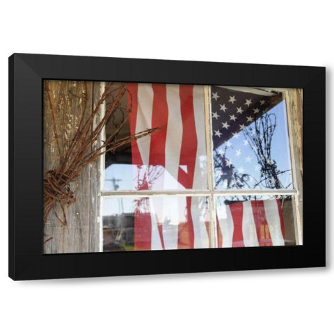OR, Shaniko Flag in window next to barbed wire Black Modern Wood Framed Art Print by Ross, Nancy ,  Steve