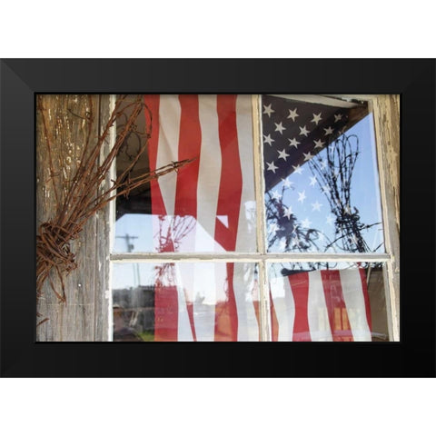 OR, Shaniko Flag in window next to barbed wire Black Modern Wood Framed Art Print by Ross, Nancy ,  Steve