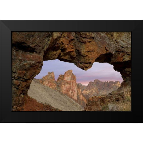 Oregon View of Leslie Gulch through rock opening Black Modern Wood Framed Art Print by Paulson, Don