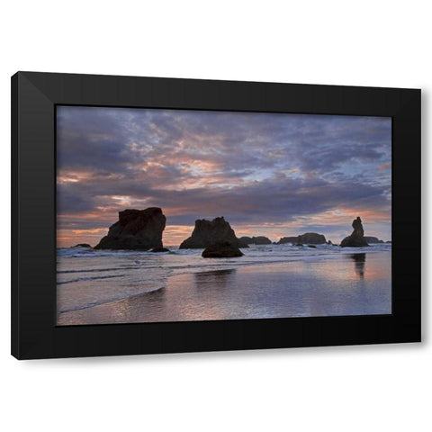 OR, Bandon Sunset over seastacks on ocean beach Black Modern Wood Framed Art Print by Paulson, Don