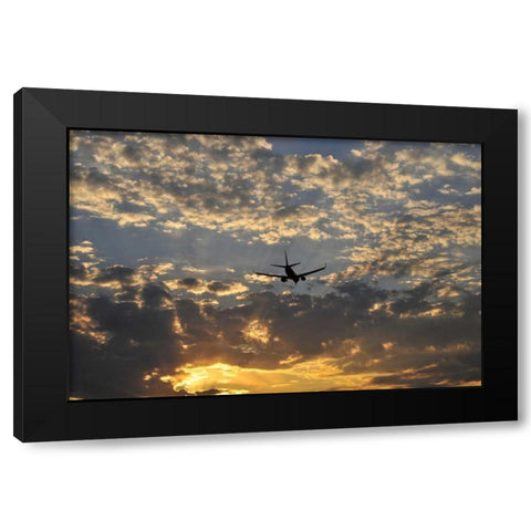 OR, Portland Airplane approaching landing Black Modern Wood Framed Art Print by Terrill, Steve