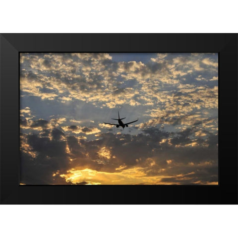 OR, Portland Airplane approaching landing Black Modern Wood Framed Art Print by Terrill, Steve