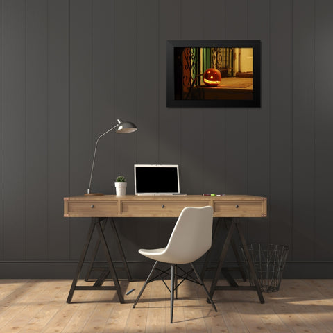 OR, Portland Lighted jack-o-lantern on porch Black Modern Wood Framed Art Print by Terrill, Steve