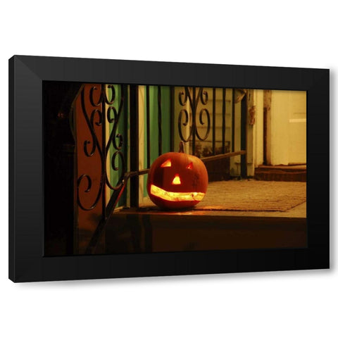 OR, Portland Lighted jack-o-lantern on porch Black Modern Wood Framed Art Print by Terrill, Steve
