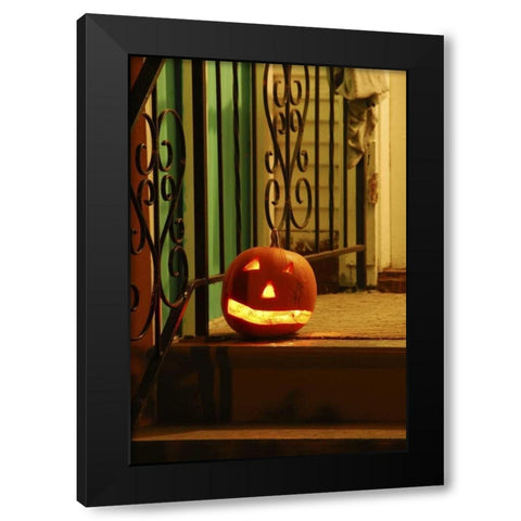 OR, Portland Lighted jack-o-lantern on porch Black Modern Wood Framed Art Print by Terrill, Steve