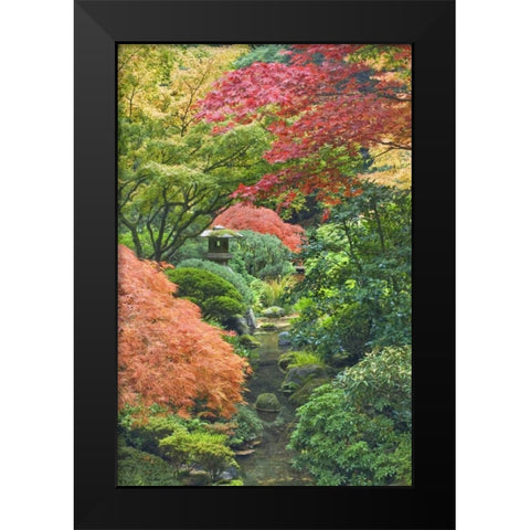 Oregon, Portland Stone tower and pond Black Modern Wood Framed Art Print by Paulson, Don