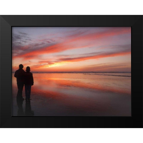 Oregon, Cannon Beach Couple on beach at sunset Black Modern Wood Framed Art Print by Paulson, Don