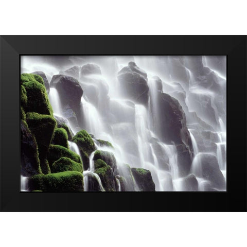 OR, Ramona Falls Waterfall cascades down a cliff Black Modern Wood Framed Art Print by Satushek, Steve
